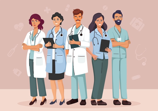 Equipa de pessoal médico do hospital em pé juntos Grupo de médicos e enfermeiras param