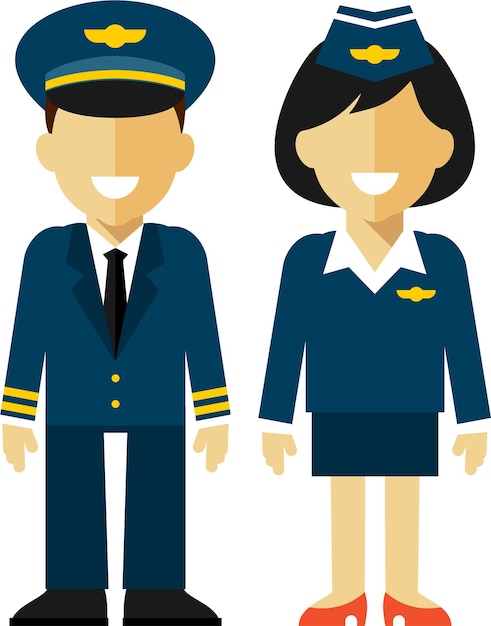 Equipa de tripulação casal de avião de passageiros piloto de aeronave e comissária de bordo anfitriã de avião em uniforme em estilo plano