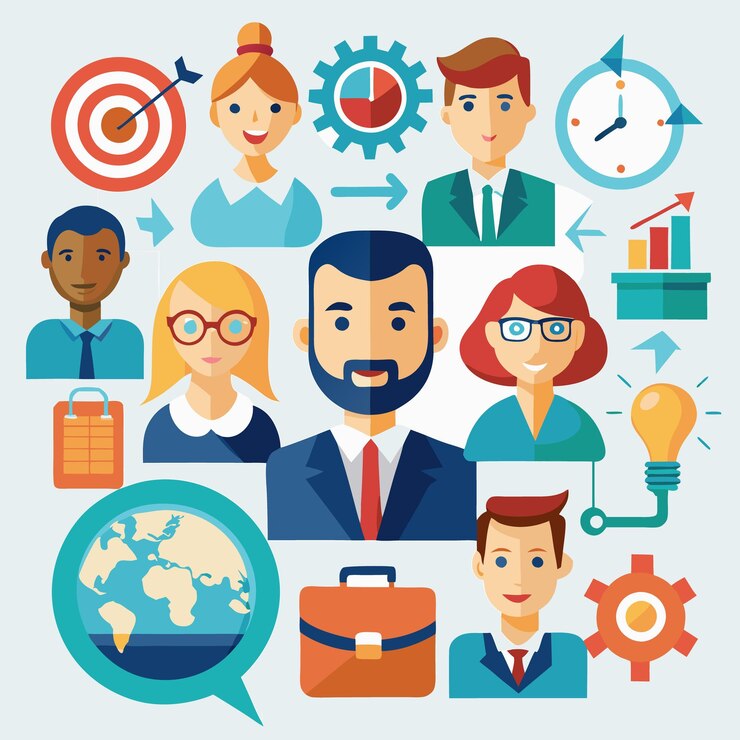Vetor equipa diversificada de pessoas de negócios trabalhando juntas em direção a um objetivo comum ilustrado com ícones de design plano