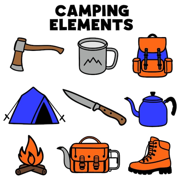 Equipamento de acampamento desenhado à mão e elementos Siluetas Conjunto vetorial