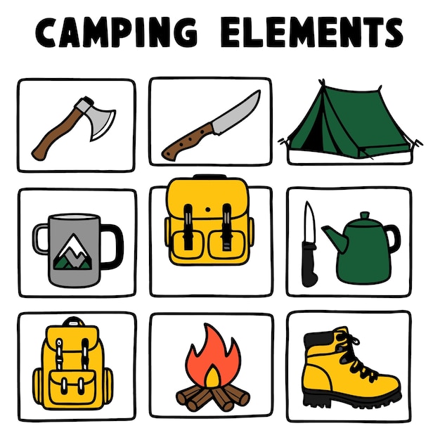 Equipamento de acampamento desenhado à mão e elementos Siluetas Conjunto vetorial