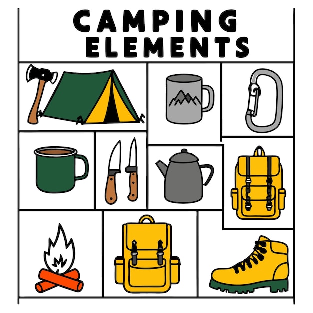 Equipamento de acampamento desenhado à mão e elementos Siluetas Conjunto vetorial