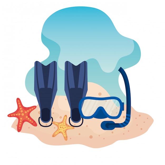 Equipamento de água para mergulho com máscaras de snorkel e estrelas do mar