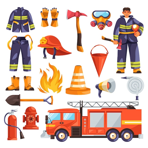 Equipamento de bombeiros de desenho animado Ferramentas de combate a incêndio Uniforme de proteção de bombeiros Equipamento de resgate de bombeiros capacete vermelho Icon de extintor de mangueira de flash recente Ilustração vetorial