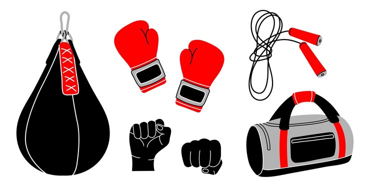 Vetor equipamento de boxe em inventário esportivo de estilo plano saco de pancadas esporte pulando corda punho luvas de boxe