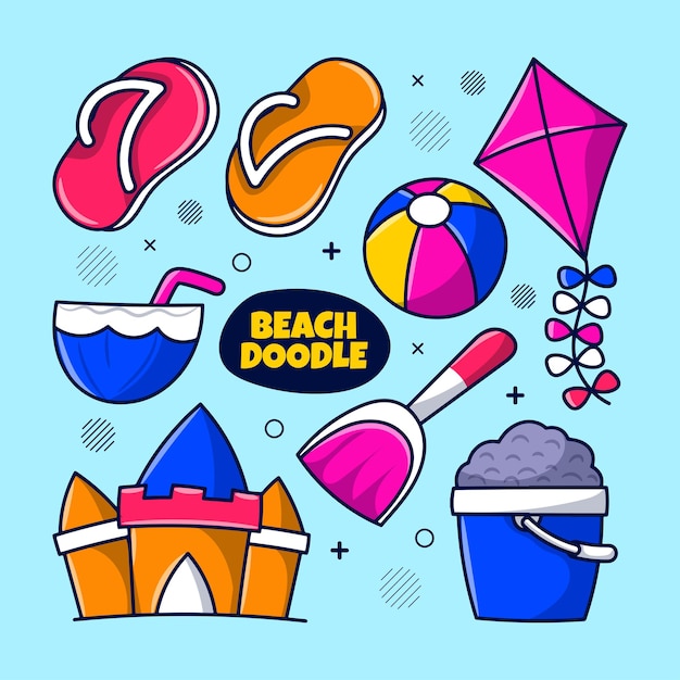 Vetor equipamento de brinquedos de praia com contorno desenhado à mão colorido