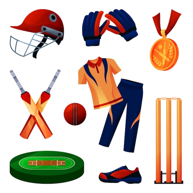 Vetor equipamento de críquete e conjunto de roupas esportivas