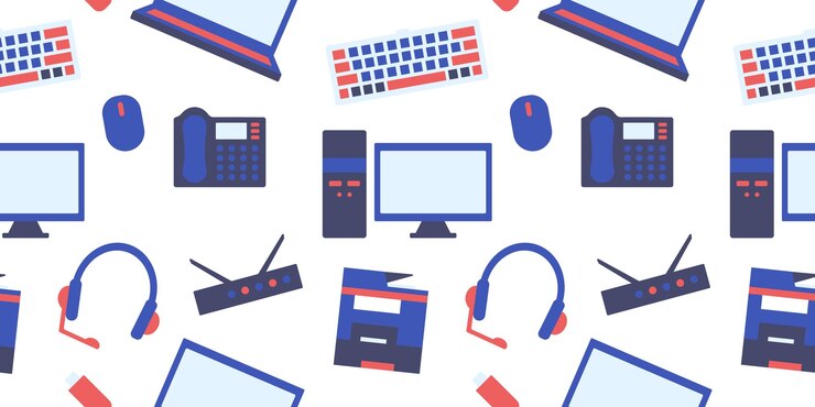Vetor equipamento de escritório dispositivos telefónicos de padrão contínuo tecnologias da informação computadores laptops monitor
