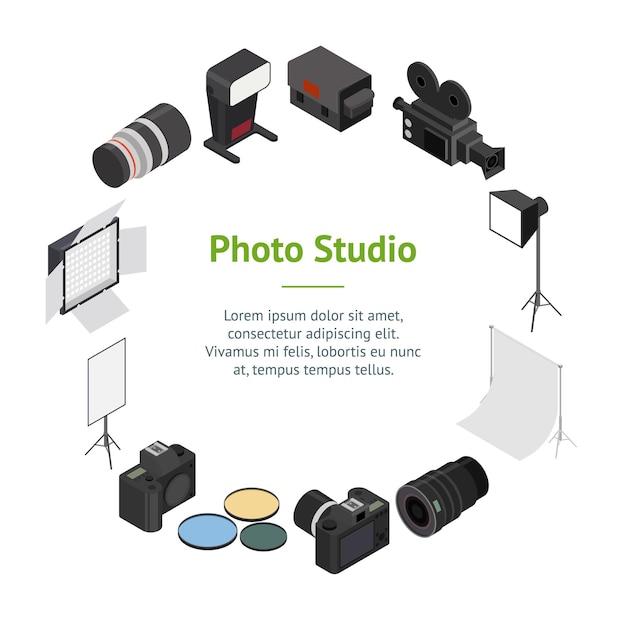 Equipamento de estúdio fotográfico banner card círculo vista isométrica vetor