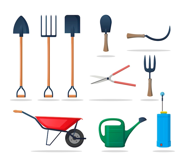 Vetor equipamento de ferramentas de agricultura e jardinagem com pá de garfo de carrinho de mão regador ilustração de pulverizador