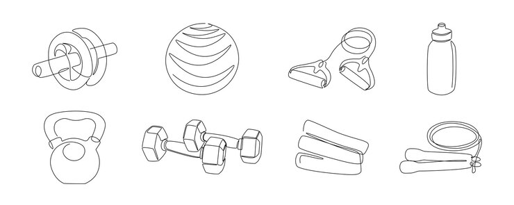 Vetor equipamento de fitness de uma linha. inventário de esportes de linha contínua, halteres, corda de pular, kettlebell, fitball. esporte monoline de vetor definido itens de doodle de ilustração para esportes