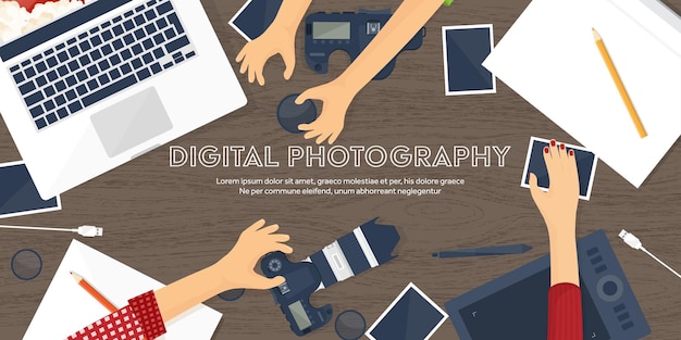 Equipamento de fotógrafo em uma mesa ferramentas de fotografia edição de fotos fotos de fundo plano