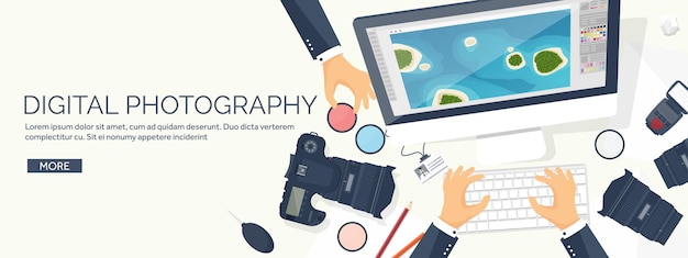 Equipamento de fotógrafo em uma mesa ferramentas de fotografia edição de fotos sessão de fotos fundo plano
