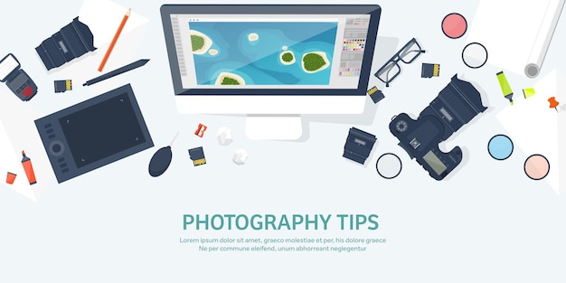 Equipamento de fotógrafo em uma mesa ferramentas de fotografia edição de fotos sessão de fotos fundo plano