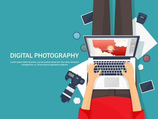Equipamento de fotógrafo em uma mesa ferramentas de fotografia edição de fotos sessão de fotos fundo plano