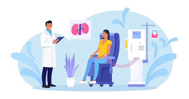 Equipamento de hemodiálise para tratamento de insuficiência renal. limpeza e transfusão de sangue por meio de máquina de diálise. médico realizando hemodiálise. paciente recebendo tratamento para doença renal