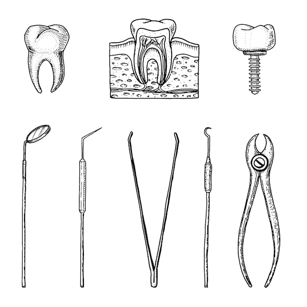 Equipamento de instrumentos do dentista para conjunto de esmalte dos dentes médico cavidade oral saúde limpa ou doente ou cárie humana gravada à mão desenhada em cuidados de medicina de esboço antigo ou vintage para implante de cavidade