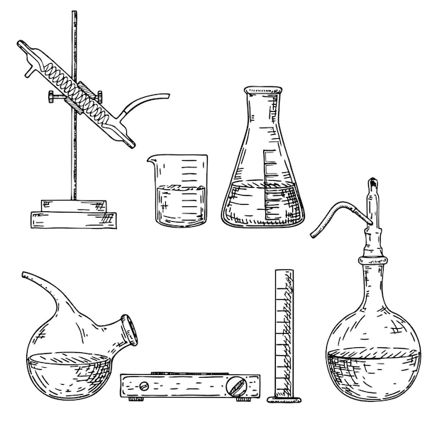 Equipamento de laboratório conjunto desenhado à mão produtos químicos e vidraria de alquimia garrafas de perfume frascos frascos