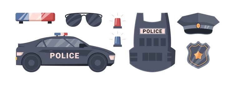 Vetor equipamento de polícia conjunto de elementos de trabalho do oficial