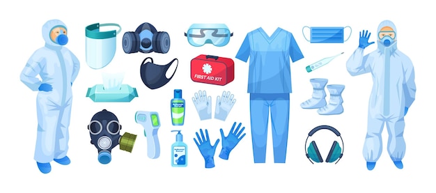 Equipamento de proteção individual, máscara respiratória médica de segurança, uniforme, desinfetante, termômetro