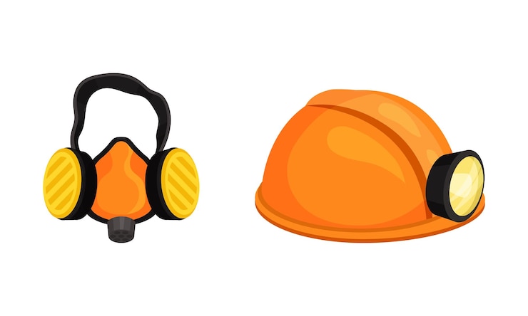 Vetor equipamento de segurança de mineração com capacete com lanterna e conjunto vetorial de proteção auricular
