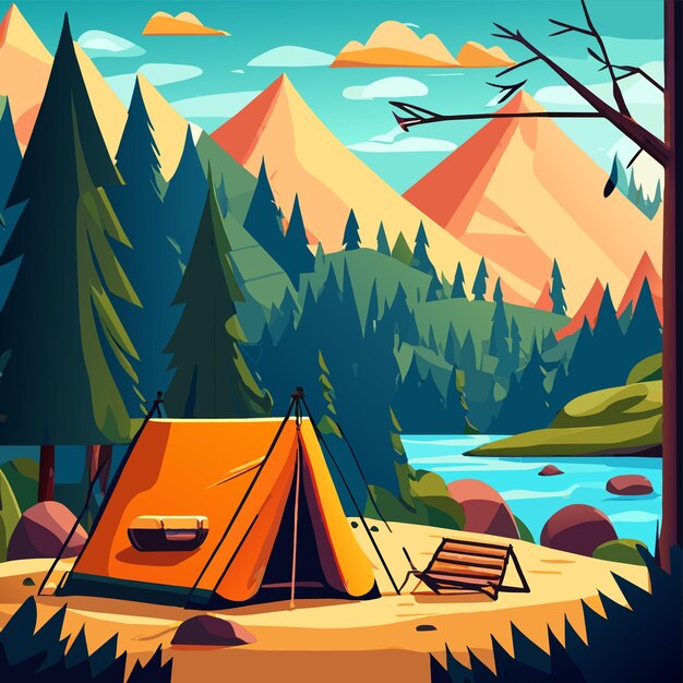 Vetor equipamento de tenda de acampamento de verão na floresta desenhado à mão, adesivo de desenho animado elegante, conceito de ícone isolado