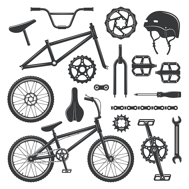 Vetor equipamento e peças de bicicletas conjunto de ícones vetoriais pretos símbolos e elementos de design isolados em branco