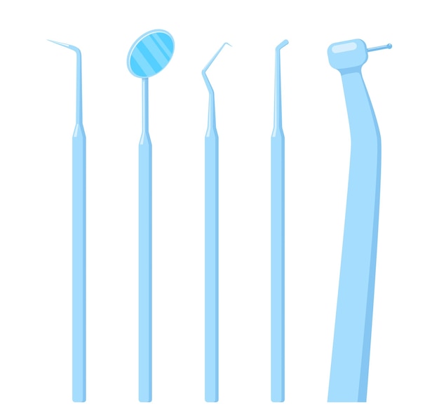 Vetor equipamento médico dentário set de ferramentas de aço ilustração vetorial em estilo plano