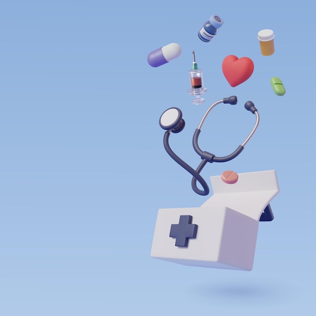 Equipamento médico estilo desenho animado 3D Vacina estetoscópio cápsula comprimidos e caixa de remédios Saúde e conceito médico
