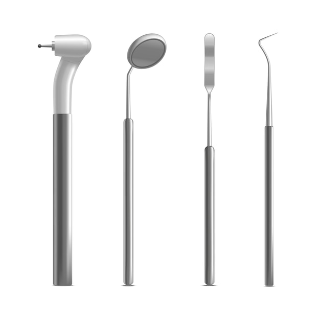 Equipamento odontológico de metal realista ou conjunto de instrumentos acessório médico profissional de cuidados de saúde. Ilustração vetorial