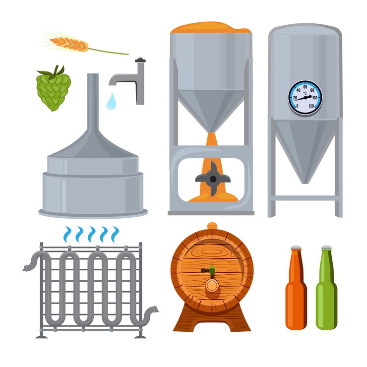 Vetor equipamento para a cervejaria. fotos em estilo cartoon. cerveja bebida álcool, bebida cervejaria lager, ilustração vetorial