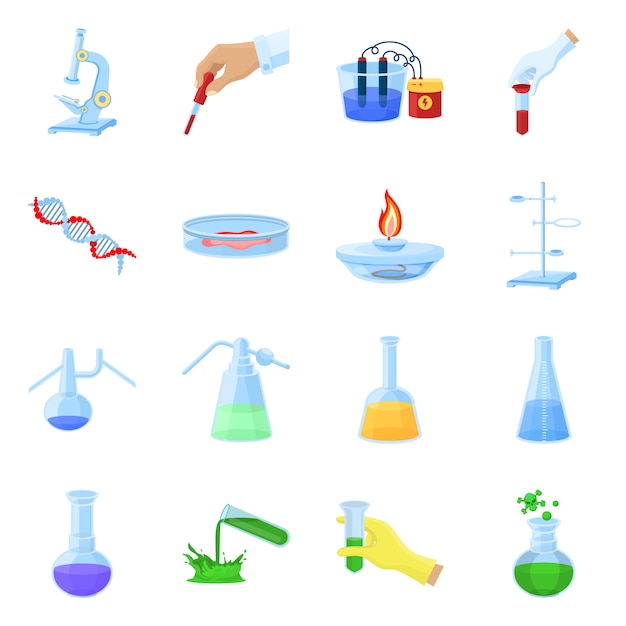 Equipamento para conjunto de elementos de laboratório químico dos desenhos animados. ilustração isolada para laboratório químico. conjunto de elementos do microscópio. balão. equipamento de tubo e ohter.