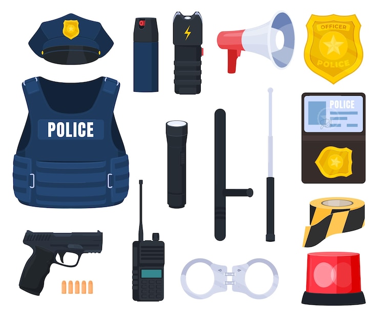 Vetor equipamento profissional da polícia vestuário profissional meios de proteção para agentes da lei ilustração em vetor