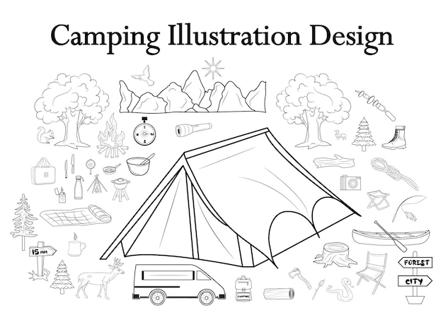 equipamentos de acampamento artesanato de arbustos caminhadas e itens de ilustração delineiam conjunto de rabiscos vetor premium