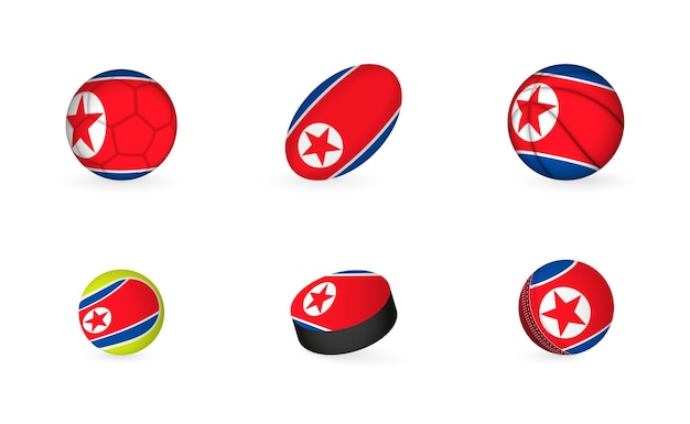 Vetor equipamentos esportivos com bandeira da coreia do norte conjunto de ícones esportivos