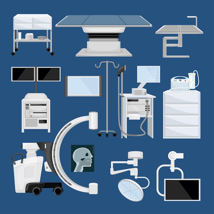 Vetor equipamentos médicos avançados e dispositivos de imagem usados para operação cirúrgica e anestesia em conjunto de cores de sala de cirurgia clínica isolado