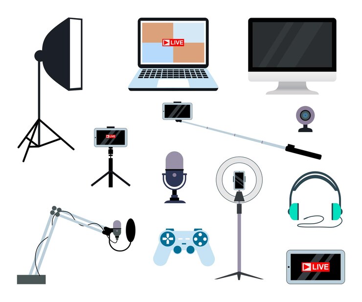 Vetor equipamentos para streamers e conjunto de vloggers