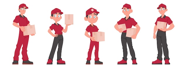 Vetor equipe alegre de cinco mensageiros masculinos segurando pacotes entregadores uniformizados vermelhos com caixas de papel ilustração de desenho animado vetorial