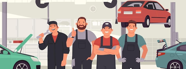 Equipe alegre de mecânicos de automóveis no contexto de um serviço de automóveis trabalhadores de oficina mecânica