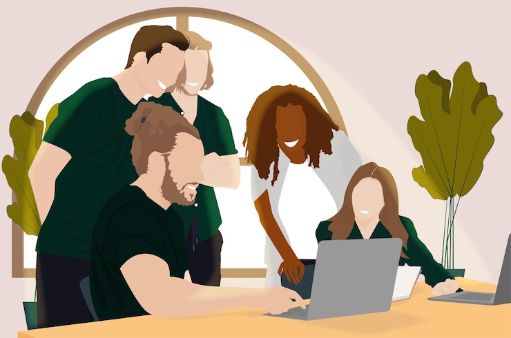 Vetor equipe criativa brainstorming e assistir laptop