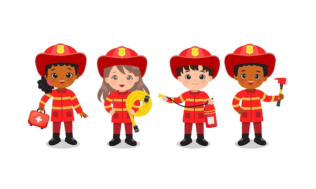 Vetor equipe de bombeiros posa com ferramentas de segurança. menino e menina em uniforme vermelho bonito.