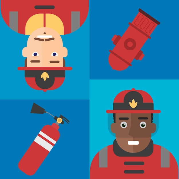 Vetor equipe de bombeiros posam com ferramentas de segurança bombeiro em uniforme vermelho fofo