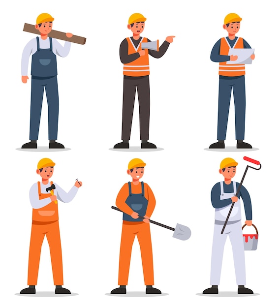 Equipe de construtores e trabalhadores industriais contratados juntos no local de trabalho. o capataz segura o plano de trabalho para ordenar aos trabalhadores que construam de acordo com o plano. ilustração em vetor plana