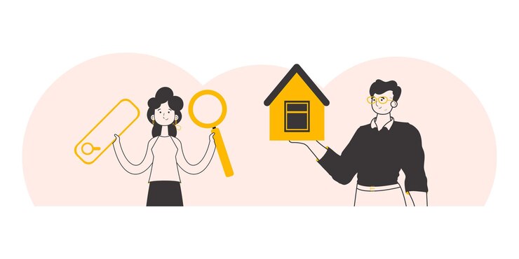 Vetor equipe de corretores de imóveis o conceito de pesquisa de compra e venda de imóveis estilo linear minimalista ilustração vetorial
