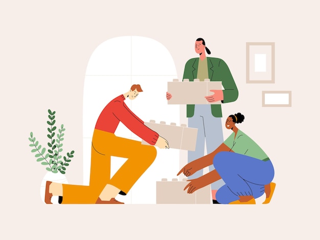 Equipe de dois homens e mulheres construindo juntos ilustração vetorial plana desenhada à mão para companheiro de equipe