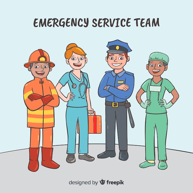 Equipe de emergência profissional de mão desenhada