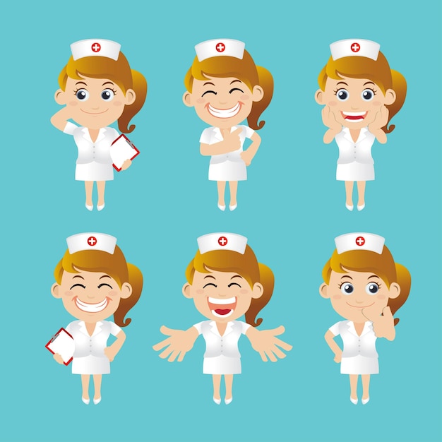 Conjunto de mulher feliz em uniforme de enfermeira com atuação diferente em  personagem de desenho animado, ilustração vetorial plana isolada [download]  - Designi