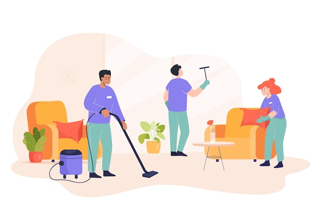 Equipe de limpeza arrumando a ilustração vetorial plana do quarto