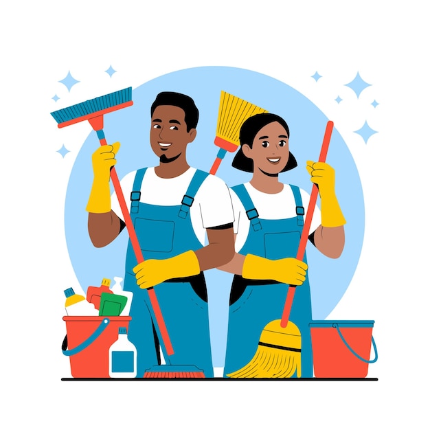 Equipe de limpeza feliz, empregadas domésticas prontas para trabalhar