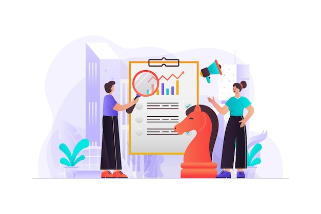 Equipe de marketing fazendo pesquisas sobre estratégia de marketing ilustração